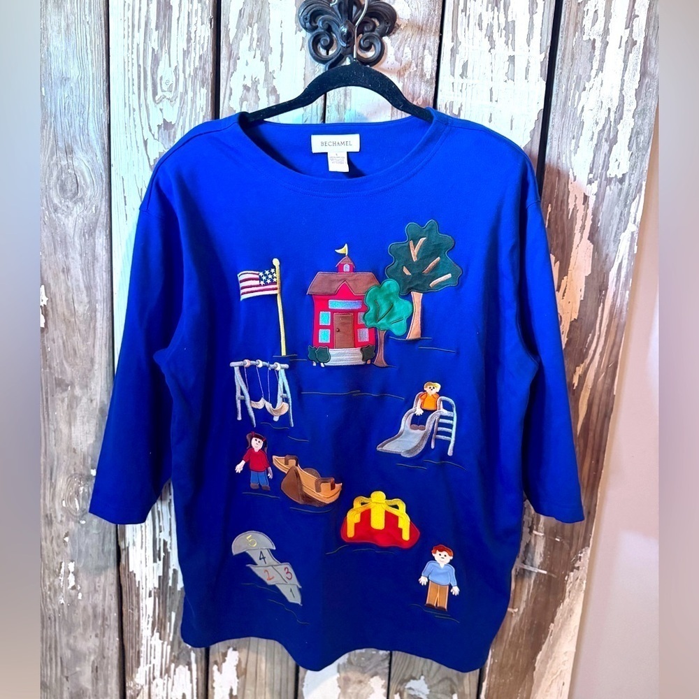 BeChamel Size Large School Tee 3/4 Sleeve Blue Kids Shirt with Playground Design